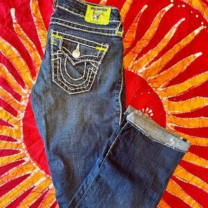 Vintage True Religion Jeans Billy Super T Thick Green and White Stitching